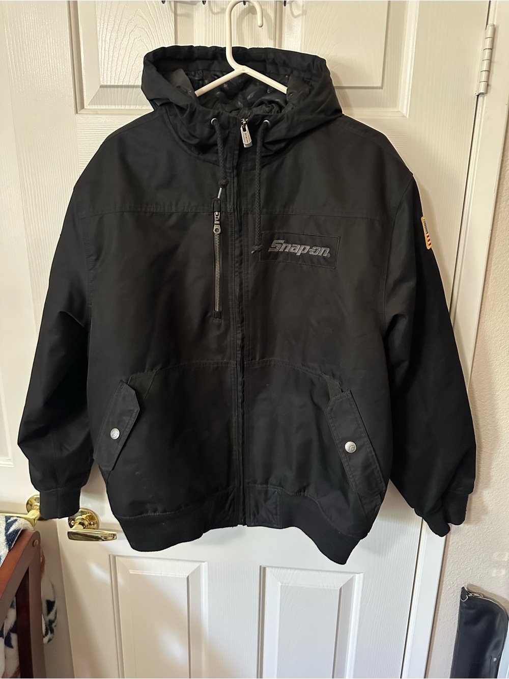 Snap-on men’s Black Hooded quilted Work Jacket USA Patch
